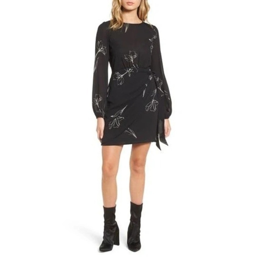 Astr‎ the Label Floral Black Mini Dress Wrap Skirt Lined Long Sleeve Sheer Top
